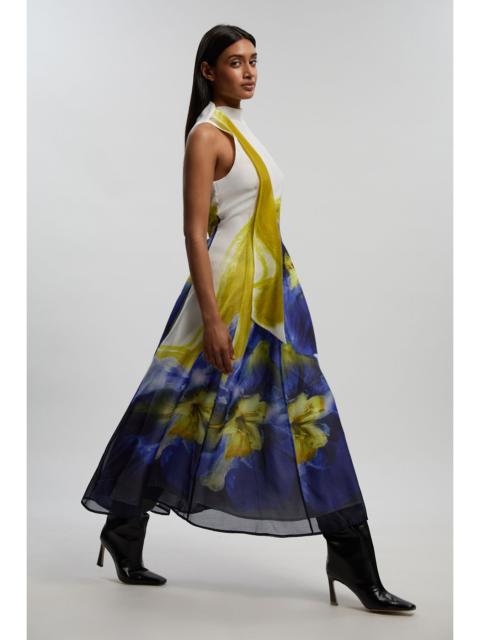 Petite Photographic Floral Organza Scarf Detail Woven Maxi Dress