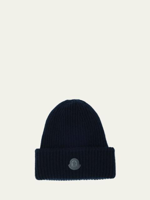 Men's Cashmere Rib Leather-Logo Beanie Hat