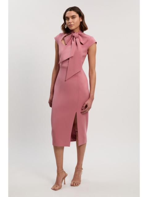 Compact Stretch Bow Tie Neck Tailored Pencil Midi Dress