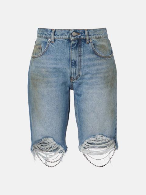 Distressed embellished denim shorts