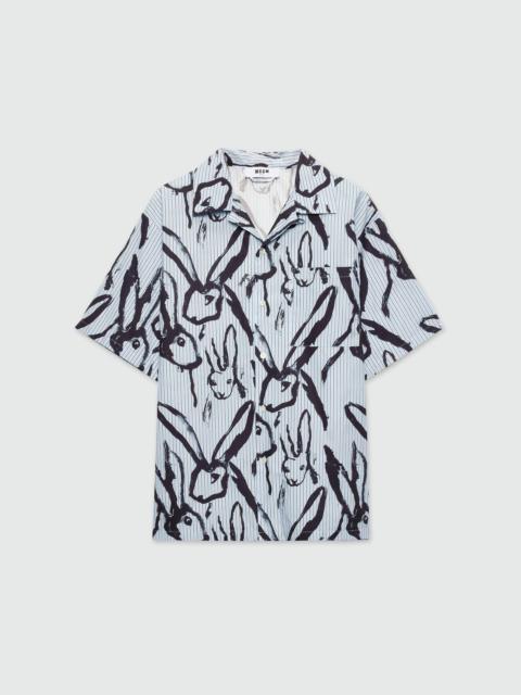 Light blue striped poplin bowling shirt with "Sketched Bunnies" print