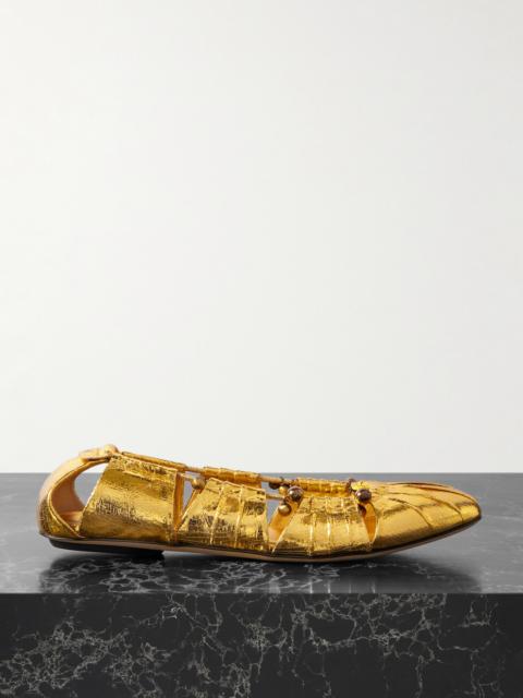 Luna Cutout Embellished Gathered Metallic Leather Ballet Flats