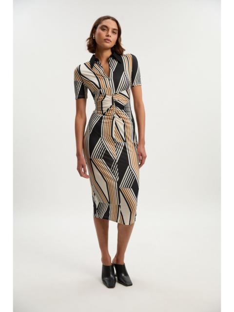 Geo Print Crepe Collared Midi Dress