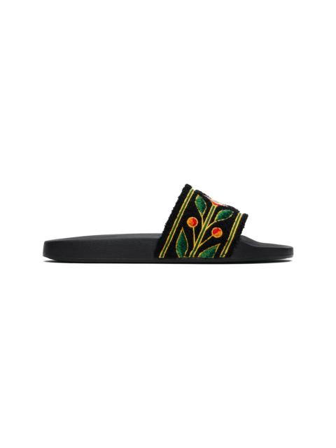 Black Embroidered Terry Slides