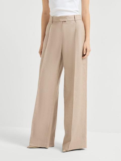 Sparkling linen twill loose pleated trousers with monili