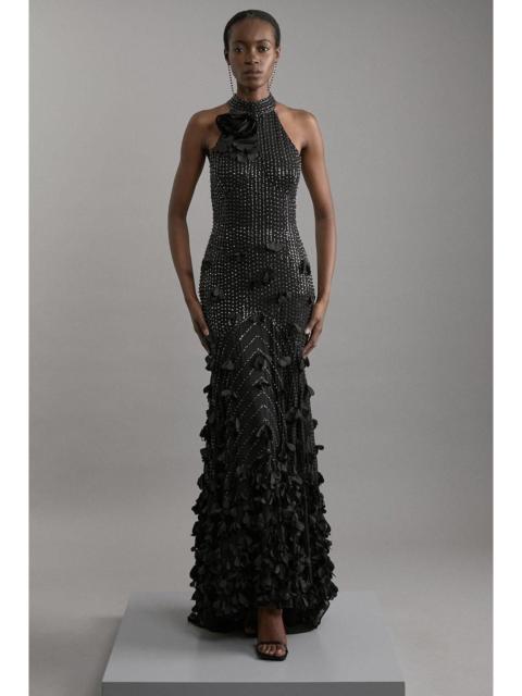 Crystal Applique Woven Maxi Rosette Maxi Dress