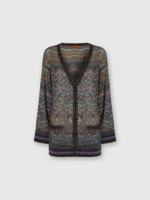 Oversized V-Neck Cardigan with Zigzag Pattern