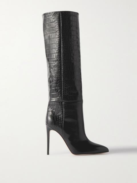 Croc-effect leather knee boots Black