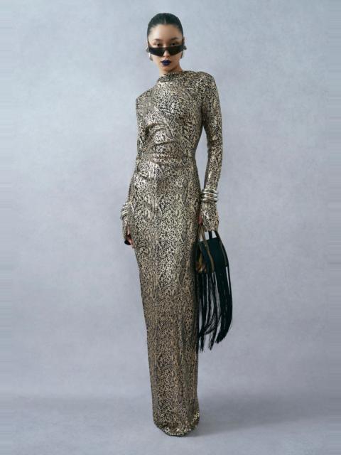 Metallic Snake Jersey Long Sleeve Ruched Gown