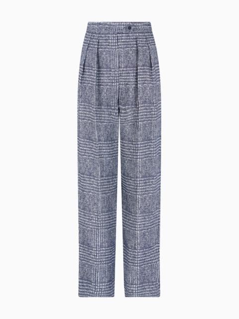 TROUSERS WITH PLEATS IN A PRINCE OF WALES CHECK LINEN AND VISCOSE BLEND