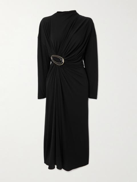 Embellished Gathered Jersey Midi Dress