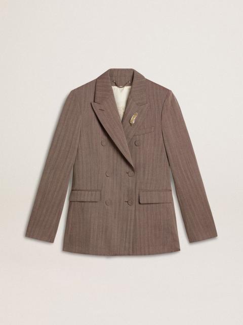 Women's double-breasted blazer in beige chevron wool blend