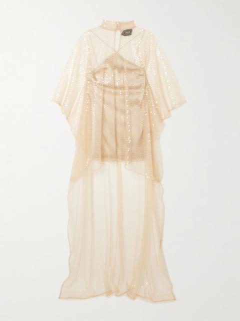 Denver Disco Layered Sequined Asymmetric Tulle And Crepe-cady Kaftan