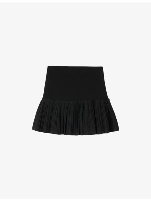 Button-Embellished Pleated Stretch-Woven Mini Skirt