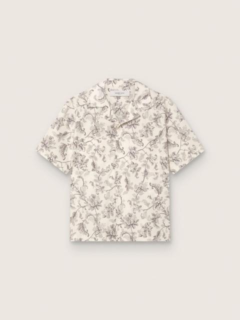 Men's short-sleeved cotton shirt with black and white floral print