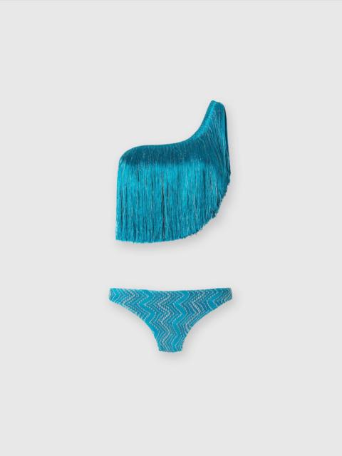 One-shoulder zigzag lamé viscose bikini with fringes