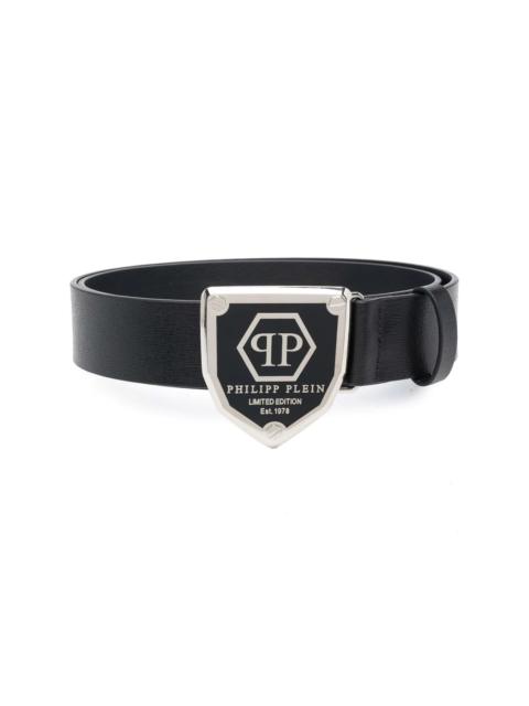 logo-plaque leather belt
