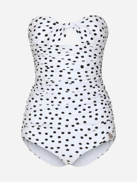 Polka-dot strapless one-piece swimsuit