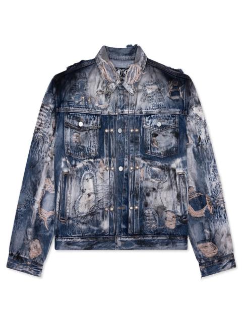 HARD-WASHED DAMAGED DENIM JACKET - BLUE