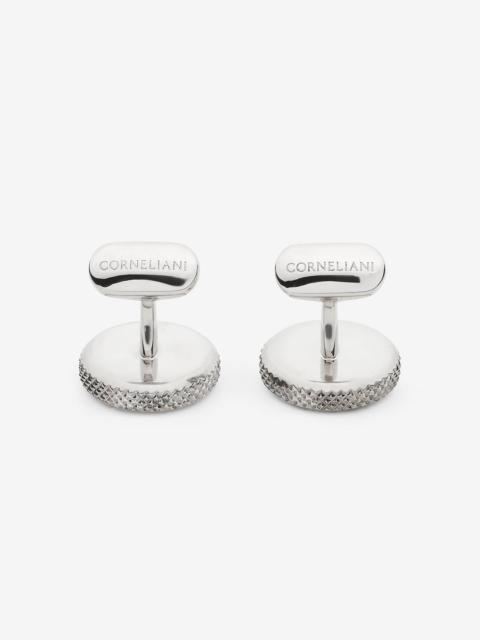 Round blue cuff links made from silver-tone brass