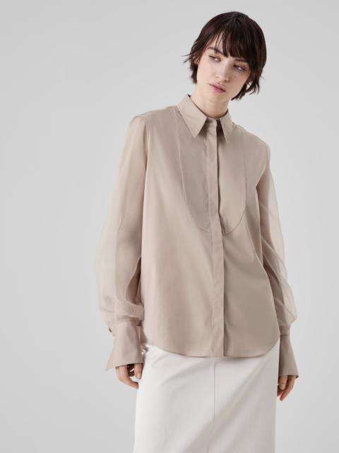 Stretch cotton poplin shirt with bib, crispy silk sleeves and shiny cuffs