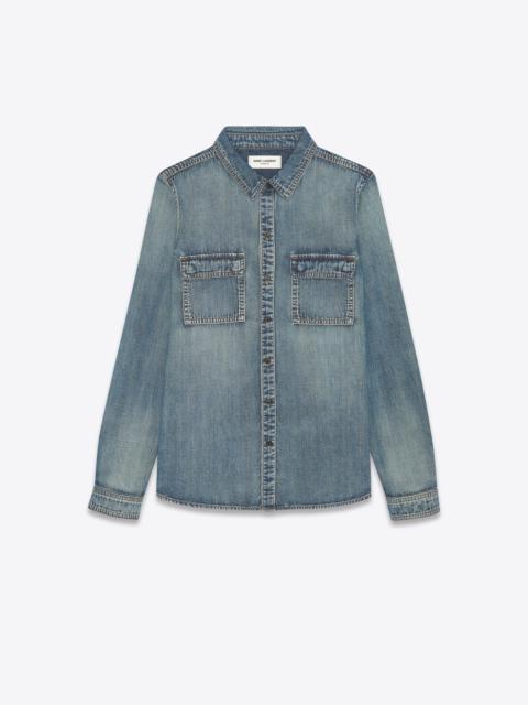 classic western shirt in dirty medium vintage blue denim