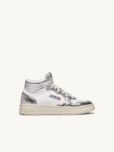 MEDALIST MID BICOLOR SNEAKERS IN WHITE AND SILVER LEATHER