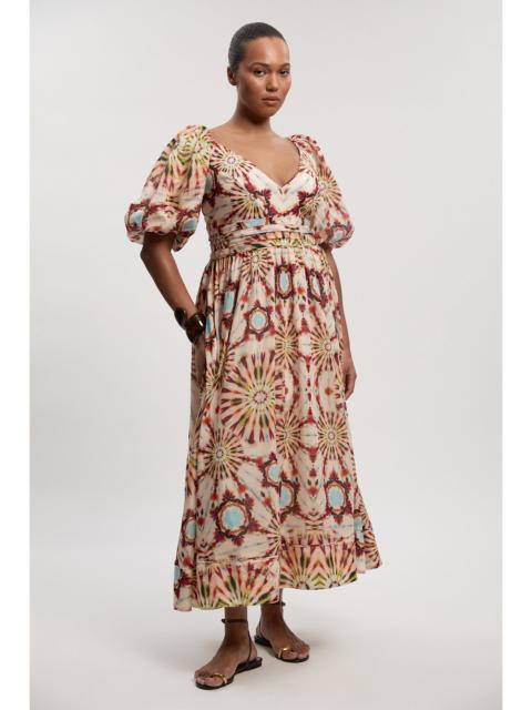 Plus Size Tile Print Silk Cotton Volume Sleeve Woven Maxi Dress