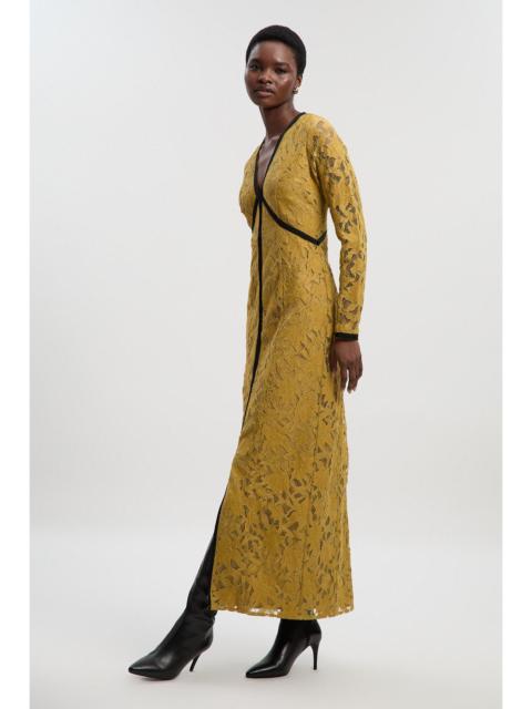 Lace with black taping long sleeve woven maxi dress