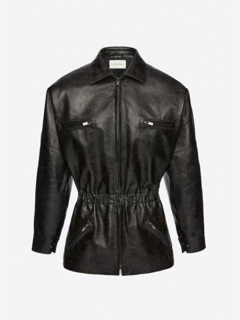 Cinched leather jacket in vintage black