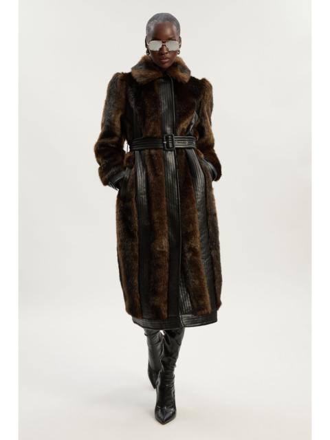 Faux Fur PU Panelled Belted Midi Coat