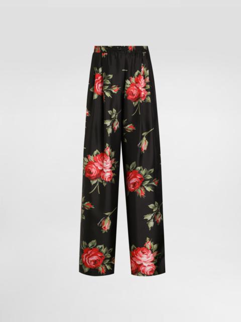 Rose bouquet-print wide twill trousers