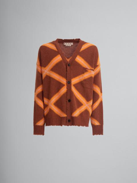 BROWN BROKEN WOOL CARDIGAN WITH ARGYLE MOTIF