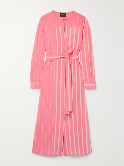 Belted Striped Cotton-voile Midi Dress