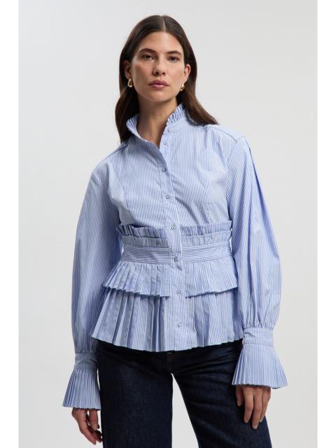 Cotton Poplin Stripe Tiered Ruffle Detail Long Sleeve Woven Blouse