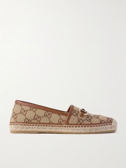 Pilar horsebit-embellished leather-trimmed logo-jacquard canvas espadrilles Camel
