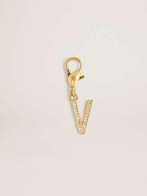 Letter V charm in gold-colored brass with crystals