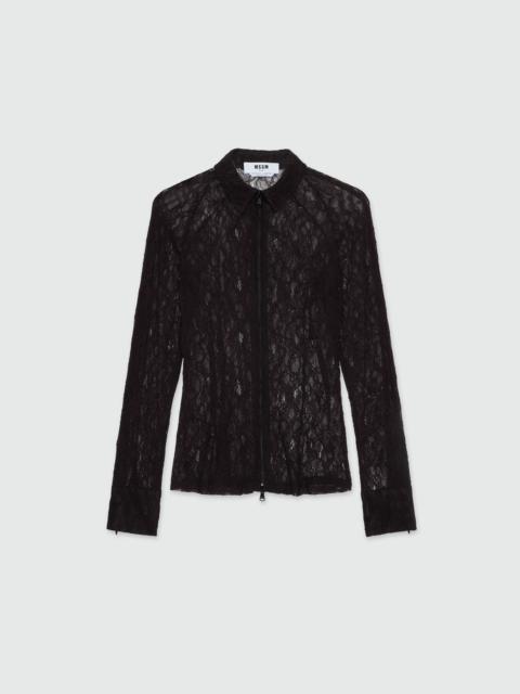Black floral stretch lace shirt with zip