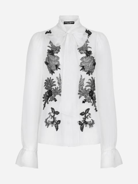 Organza pussy-bow shirt with lace appliqués
