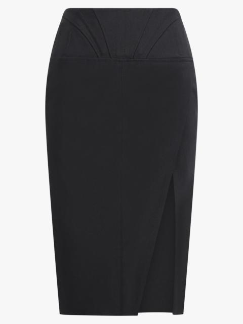FRONT SLIT HEAVY FLUID WAIST DETAIL MIDI SKIRT | BLACK