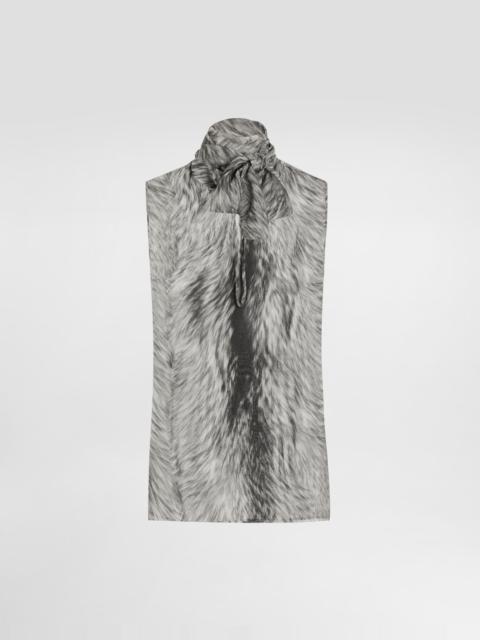 Fur-print chiffon pussy-bow shirt