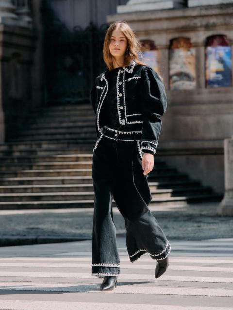 Black Crochet Embroidery Wide-Leg Denim Pants