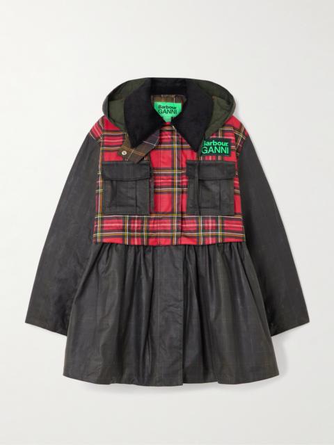 + Ganni Hooded Corduroy-trimmed Checked Waxed-cotton Peplum Jacket