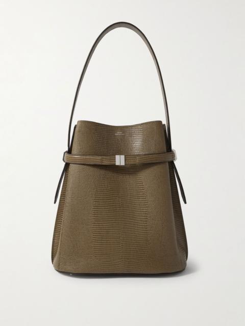 Belted lizard-effect leather tote Dark green