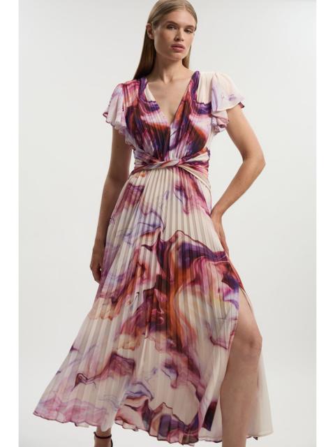 Marble Soft Pleated V Neck Woven Maxi Dress