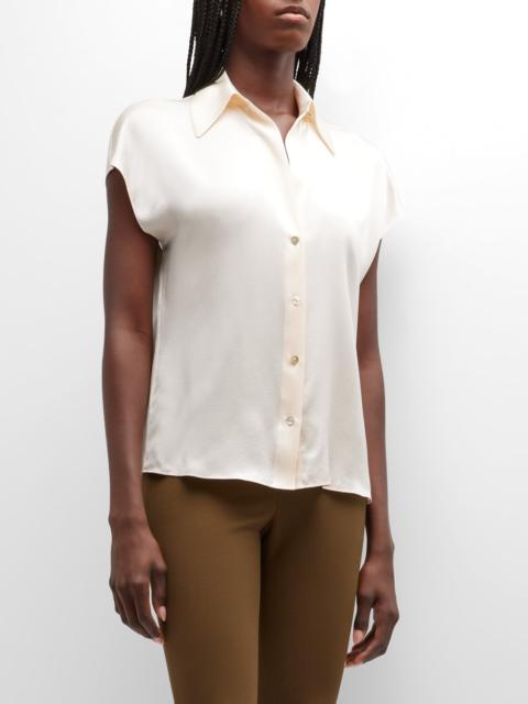 Cap-Sleeve Ruched-Back Silk Blouse