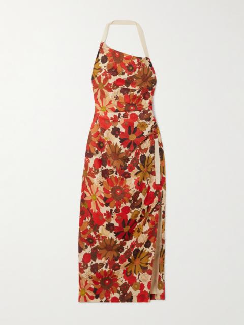 Castella Tie-detailed Gathered Floral-print Linen Halterneck Midi Dress