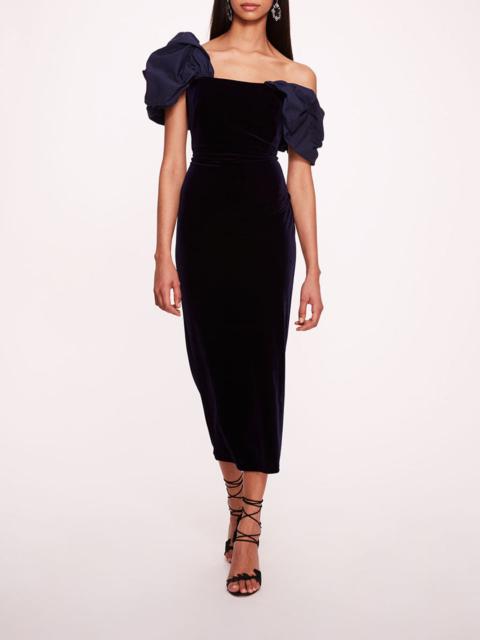 ASYMMETRICAL VELVET MIDI DRESS
