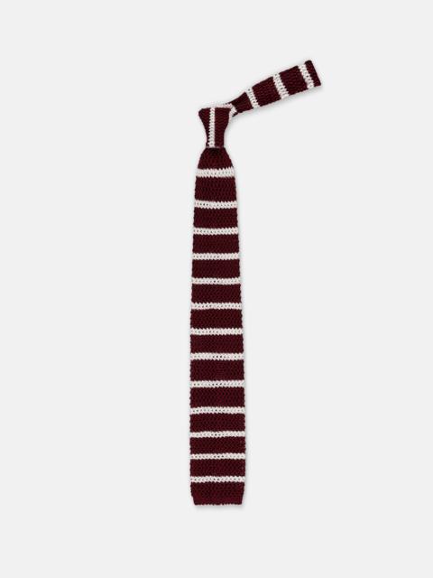 MADE-IN-ITALY BURGUNDY & WHITE BAR STRIPE SILK KNIT TIE