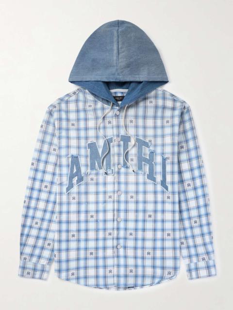 Denim-Trimmed Logo-Appliquéd Checked Cotton-Flannel Hooded Overshirt